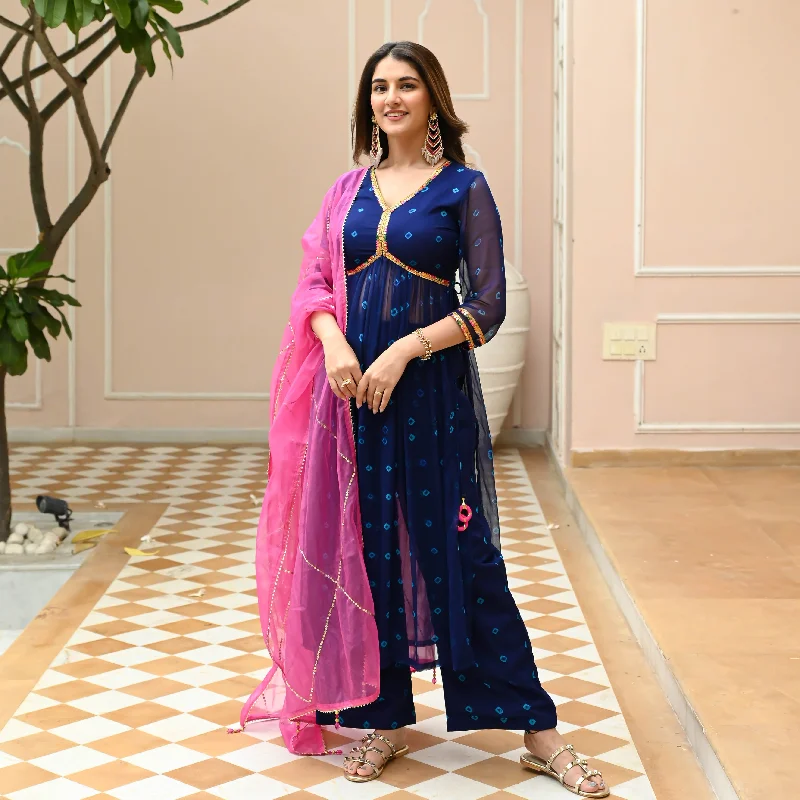 Bunaai Pink Blue Bandhej Suit Set