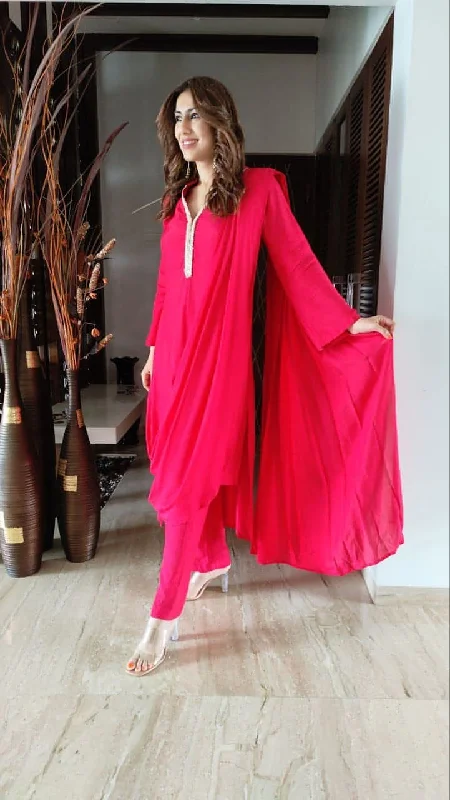 Red Drape Sari Kurta with Pant