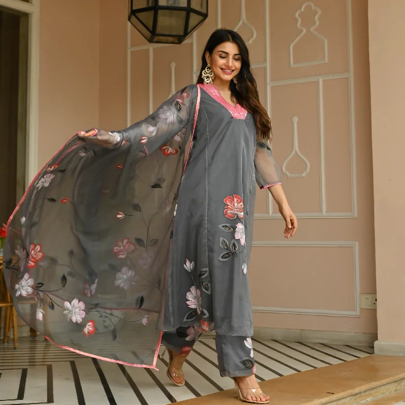 Bunaai Floral Grey Handpainted Suit Set