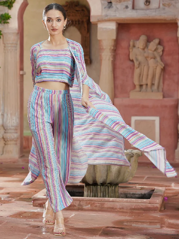 Multicoloured Striped Georgette 3 Piece Co-Ords