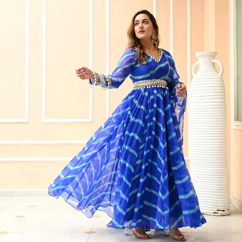 Bunaai Bright Blue Leheriya Dress with Dupatta