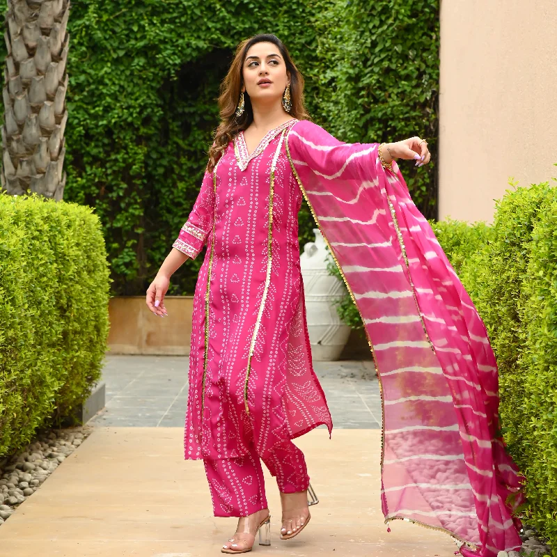 Hot Pink Bandhej Print Suit Set