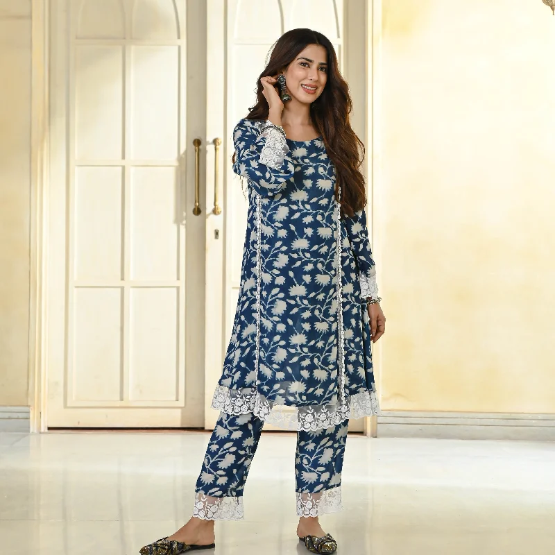 Bunaai Floral Indigo Dye kurta Set