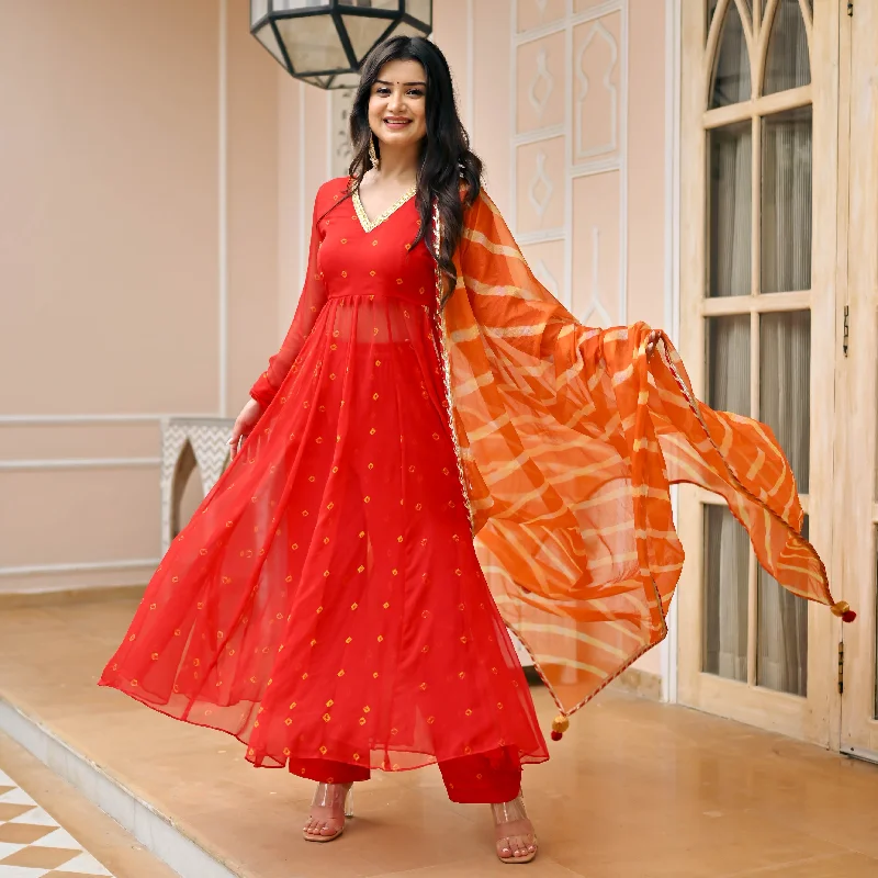 Bunaai Red Kesari Bandhej Suit Set