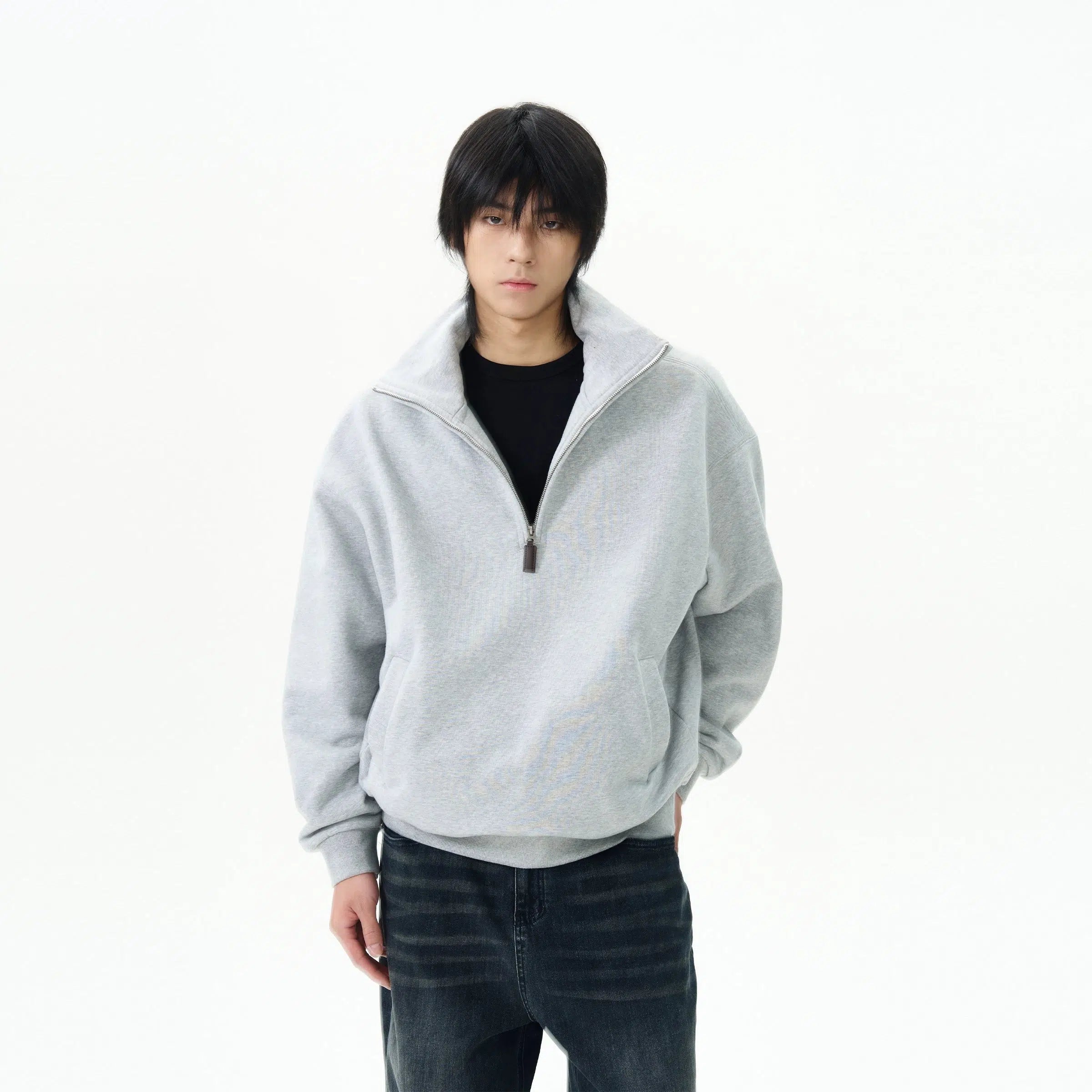 High-Collar Zip-Up Hoodie