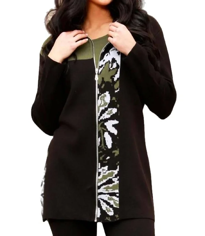 Abstract Long Zip Cardigan In Black/sage