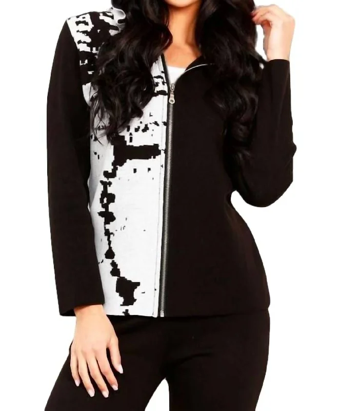 Zip Hooded Cardigan In Black/white