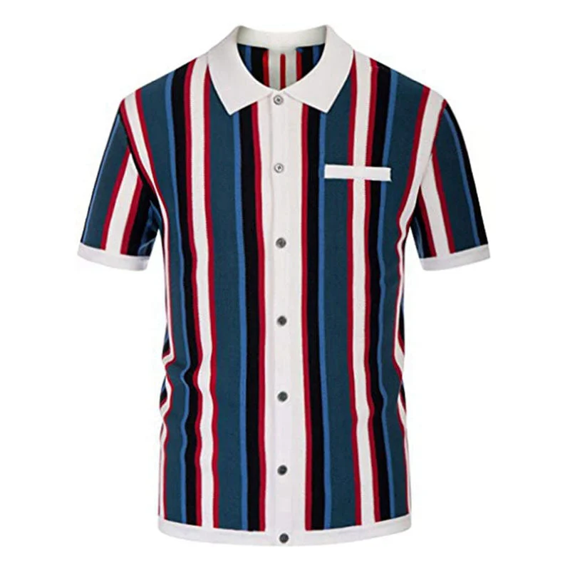 Formal Spread Collar Color Block Striped Button Front Men Summer Knit Shirt