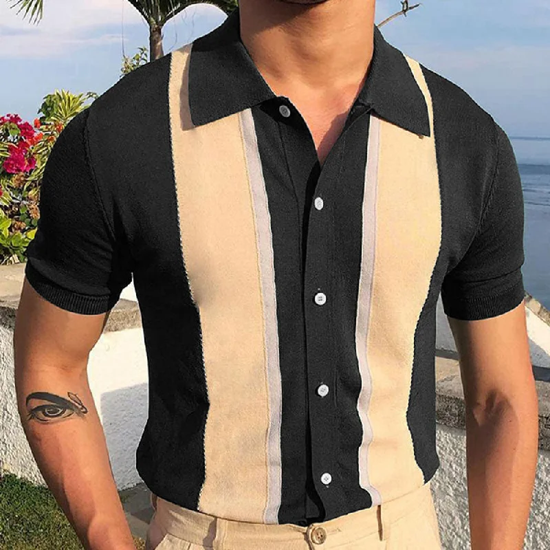 Smart Color Block Stripe Spread Collar Short Sleeve Button Up Men Summer Knit Shirt