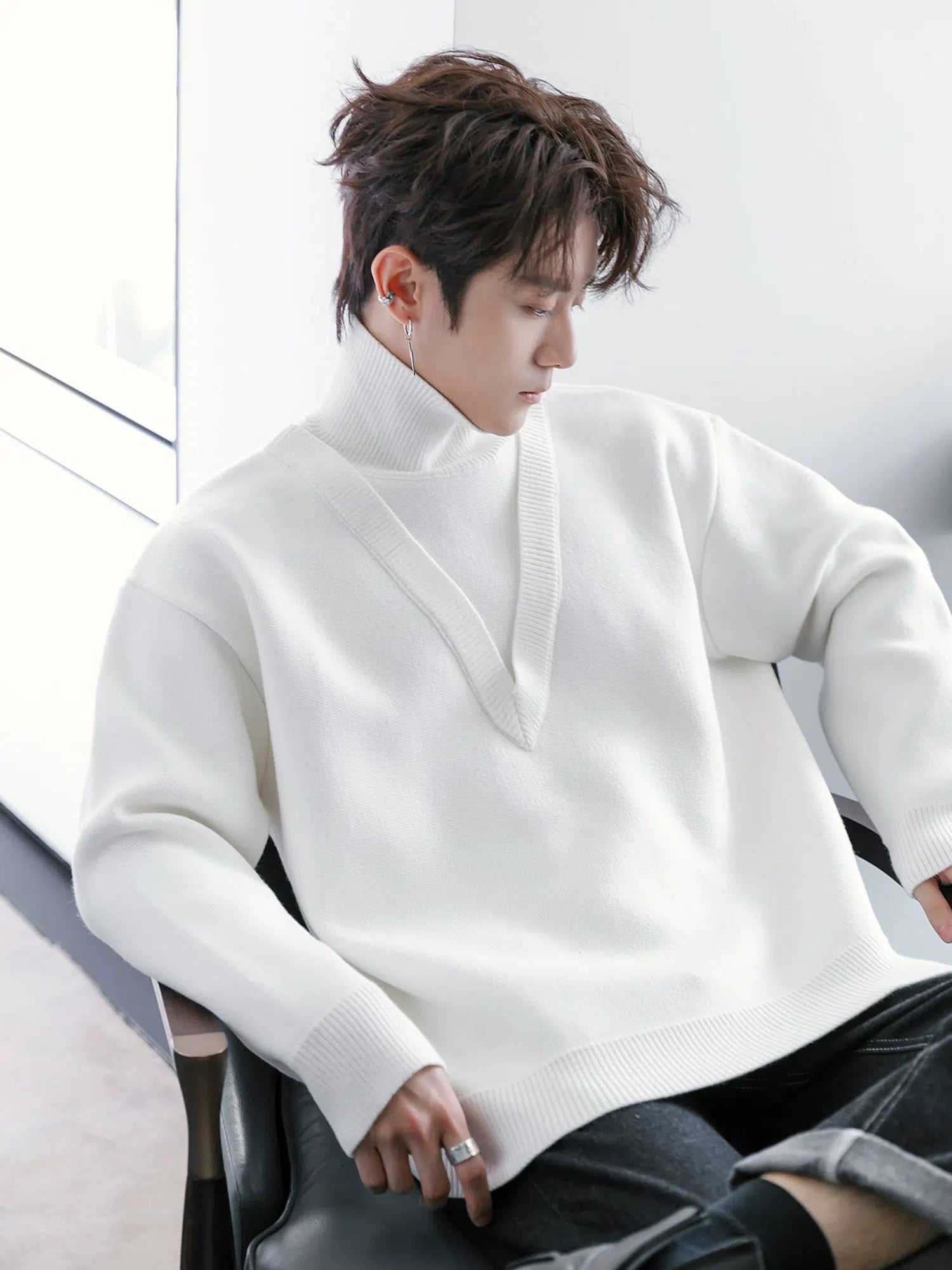 Turtleneck Knit Sweater with V-Detail