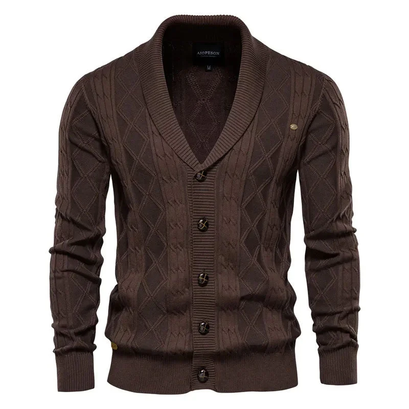 Classic Shawl Collar Button Up Winter Men Cable Knit Fisherman Cardigan