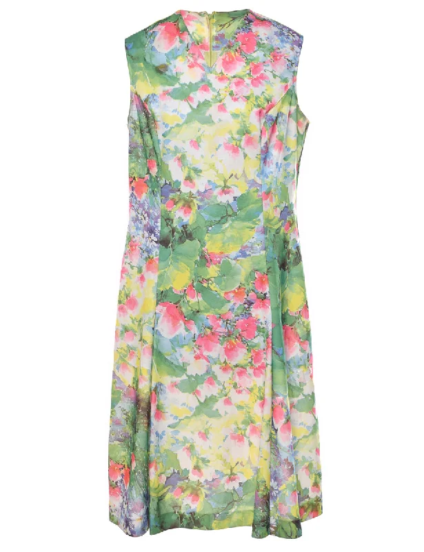 1970s Floral Print Multi-Colour Sleeveless Dress - M