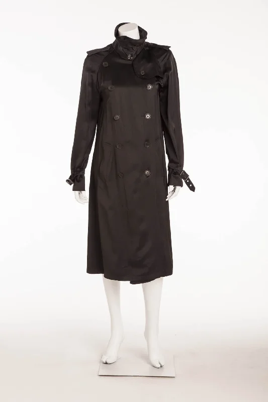 Burberry - Silk Black Button Up Trench Coat with Belt - FR 42