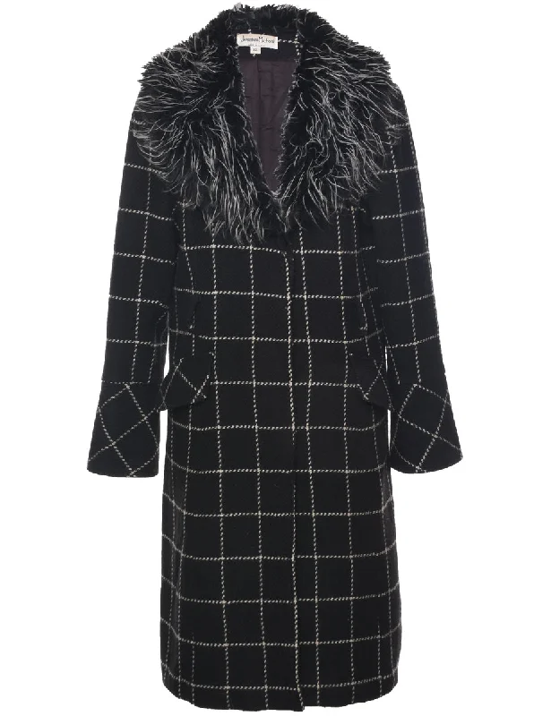 Checked Fur Collar Coat - L