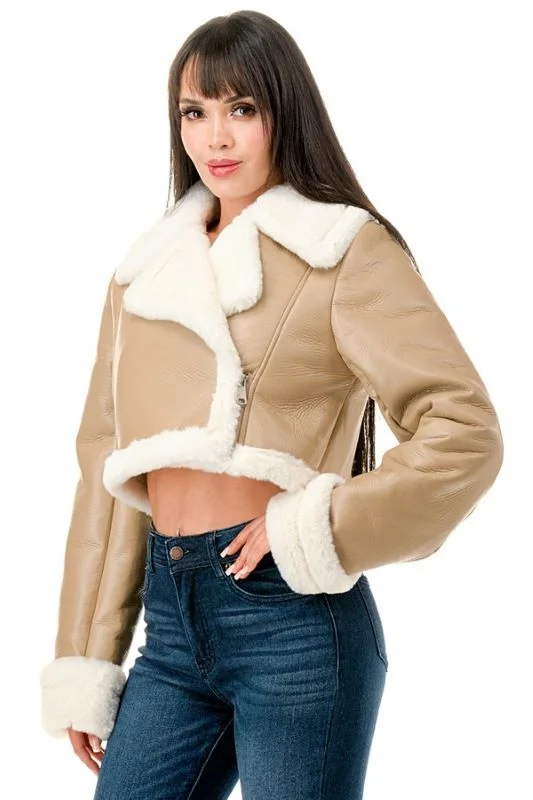 Cropped Leather Jacket with Fur Lining