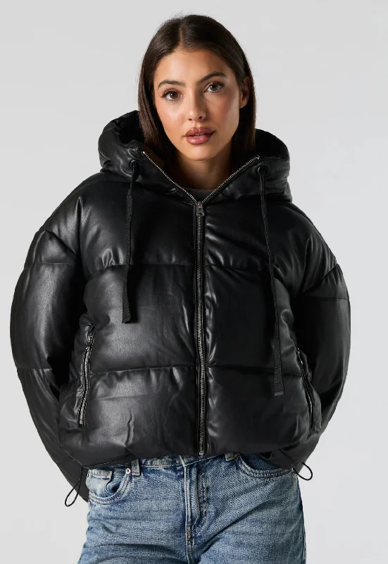 Faux Leather Crop Puffer Jacket w/ Hood