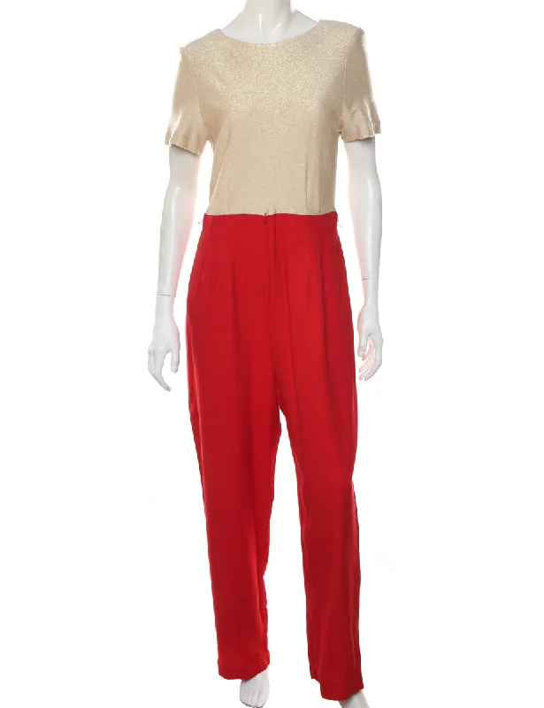 Off-White & Red Two-Tone Lurex Thread Pattern Jumpsuit - M