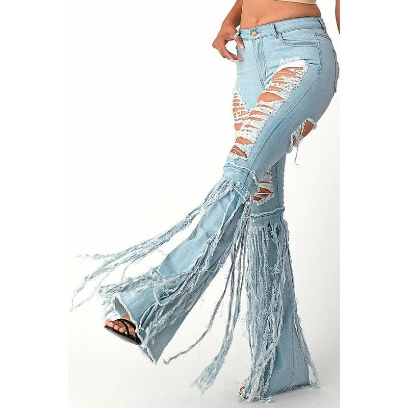 Destroyed Flare Denim Pants with Fringe Bottom