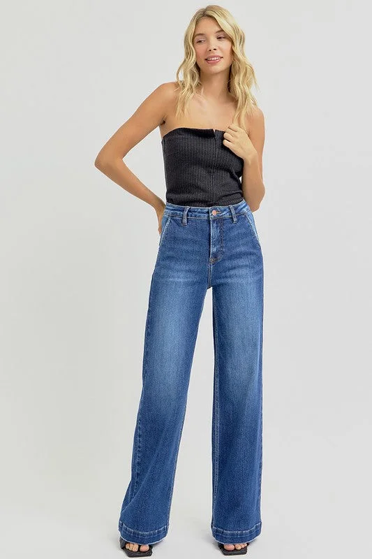 RISEN High Rise Wide Leg Trouser Jeans with Slanted Pockets