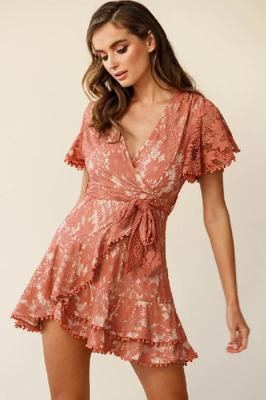 Cami Angel Sleeve Faux Wrap Dress Lace Rose