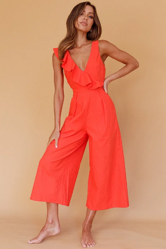 Cheryl Ruffle Strap Wide Leg Jumpsuit Tangerine