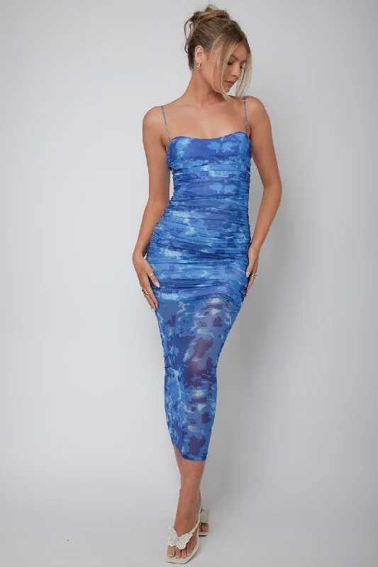 Logan Ruched Midi Dress Mottled Blue