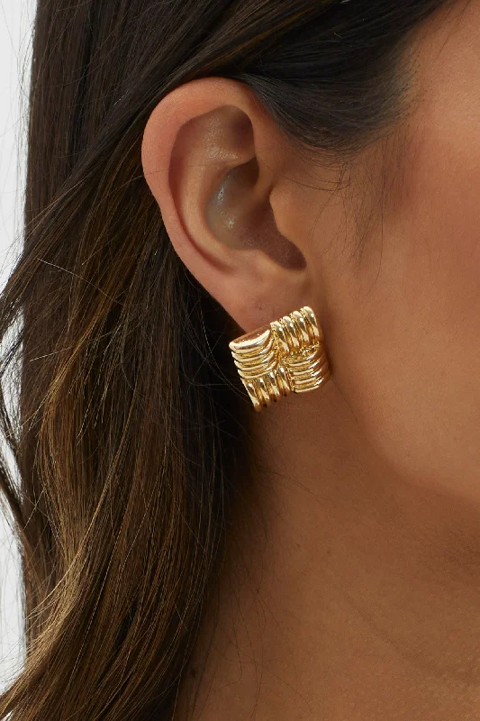 Manhattan Square Ribbed Earrings Gold