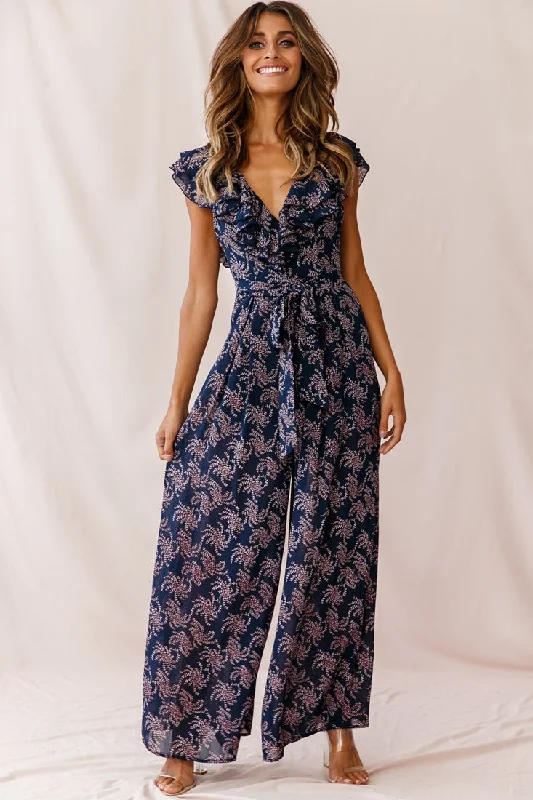 Marcia Ruffle Strap Wide Leg Jumpsuit Floral Print Navy/Pink