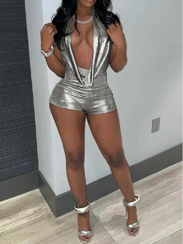 Metallic Ruched Deep V Neck Backless Rompers