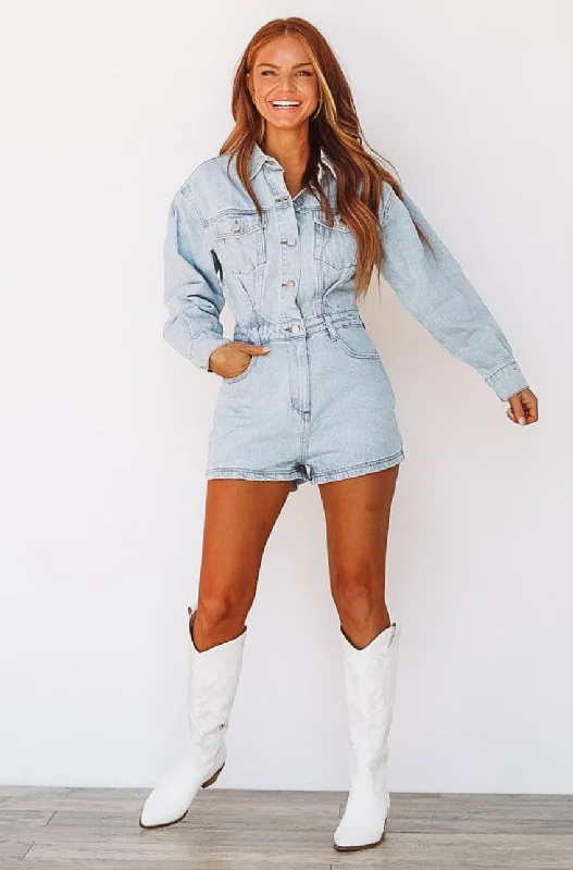 Roll With Us Denim Romper - Light Wash