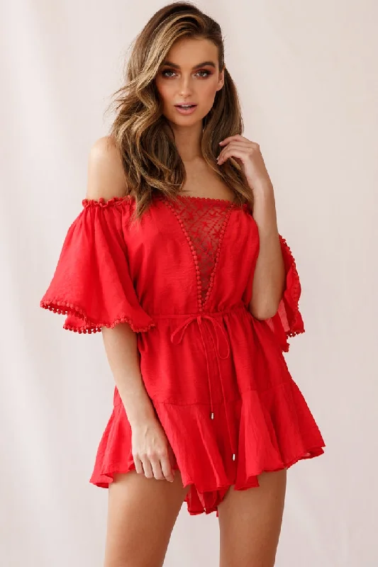 Yonna Off-Shoulder Mesh Detail Drawstring Romper Red