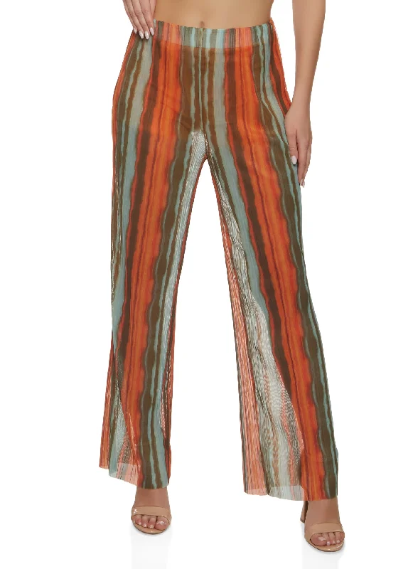 Mesh Plisse Printed Wide Leg Pants