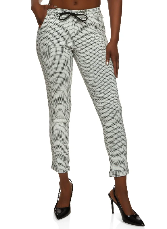 Windowpane Plaid Drawstring Dress Pants